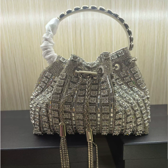 Dinner Bag Refined Rhinestone Handbag Chain Simple Fully Jewelled Bucket Bags - GLAMWEARS