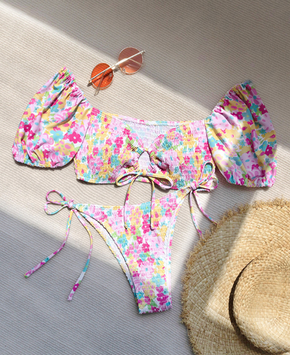 Swimsuit Women Sexy Print Bikini Small Chest Push up Three Point Split Triangle Holiday Spring Swimming Two Piece Sets