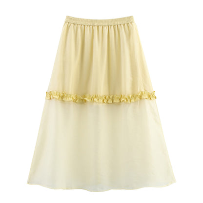 Summer Women Clothing Glass Yarn See through Wooden Ear Elastic Waist Skirt