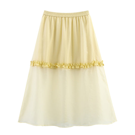 Summer Women Clothing Glass Yarn See through Wooden Ear Elastic Waist Skirt