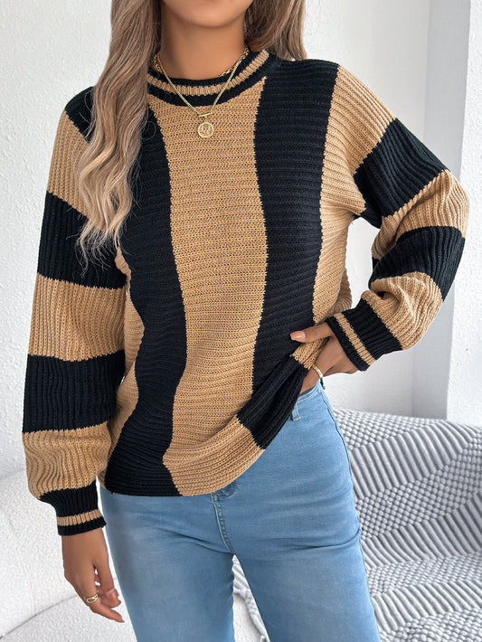 Autumn Winter Casual Contrast Color Striped Lantern Long Sleeve Pullover Women Clothing