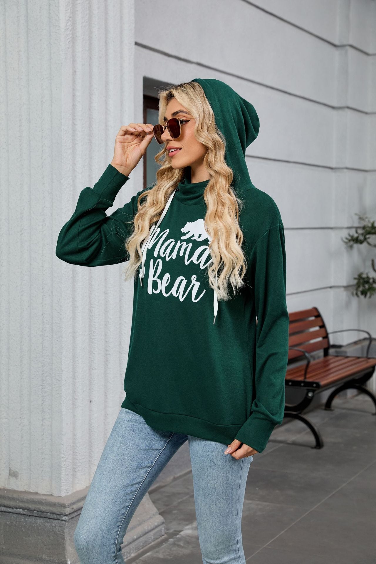 Autumn Winter Solid Color Printing Hooded Loose Long Sleeves Casual Sweatshirt Women