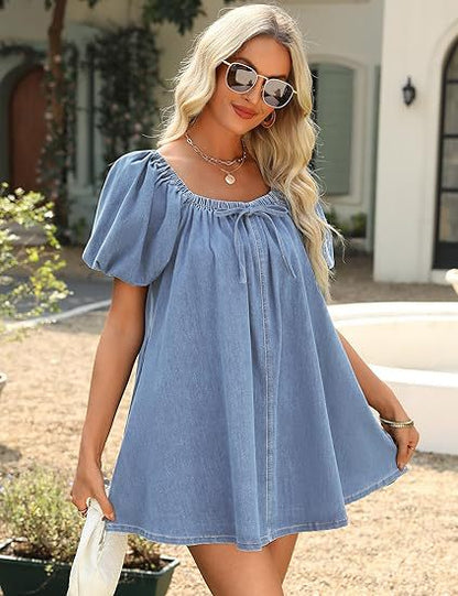 Women Summer Square Collar Puff Sleeve Lace up Elegant Short Denim Dress