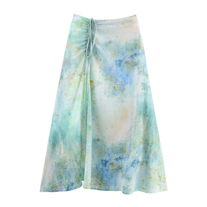 Women Clothing Fashionable All Match Blooming Printed Pull Belt Chiffon Irregular Asymmetric Skirt
