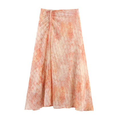 Women Clothing Fashionable All Match Blooming Printed Pull Belt Chiffon Irregular Asymmetric Skirt