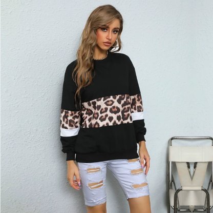 Autumn Women Wear Casual Mid Length Leopard Print Long Sleeve Patchwork Sweater