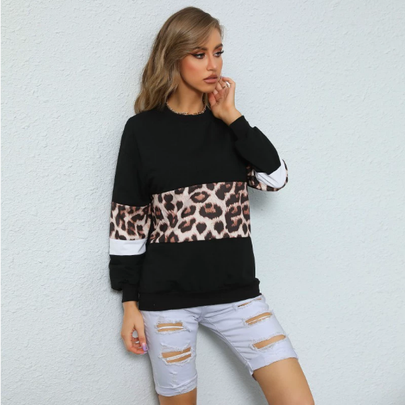 Autumn Women Wear Casual Mid Length Leopard Print Long Sleeve Patchwork Sweater