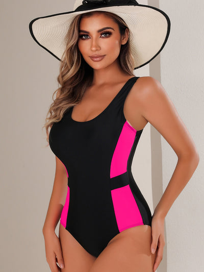 Women Contrast Color One Piece Swimsuit Backless Swimsuit Competitive Sports