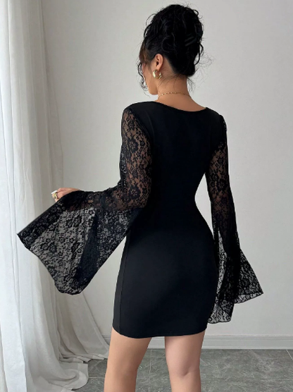 Autumn Bell Sleeve Split Solid Color Lace Stitching Square Collar Hip Bag Dress