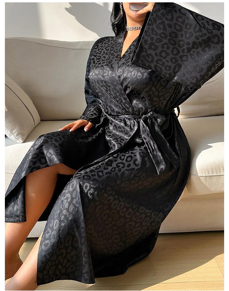 Home Long Sleeve Nightgown Thin Sexy Printed Lace up Morning Gowns Simple Cardigan Pajamas Ice Silk Bathrobe