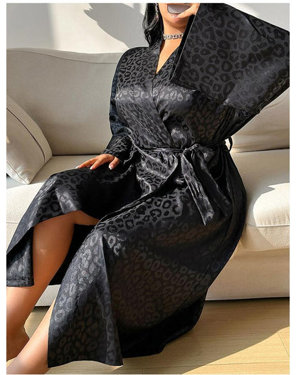 Home Long Sleeve Nightgown Thin Sexy Printed Lace up Morning Gowns Simple Cardigan Pajamas Ice Silk Bathrobe