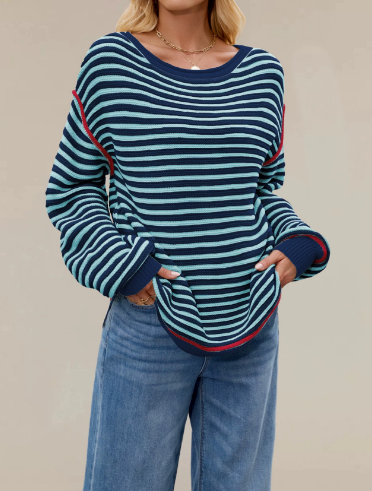 Autumn Winter Women Clothing Striped Knitted Top round Neck Pullover Loose Fitting Long Sleeves Sweater