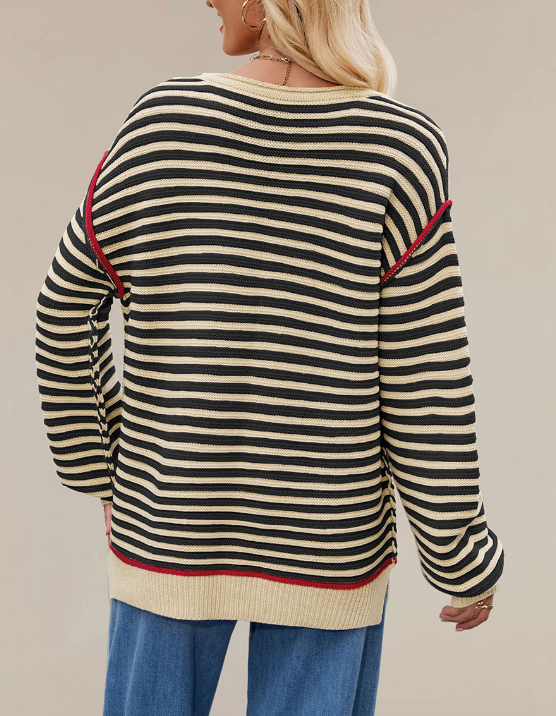 Autumn Winter Women Clothing Striped Knitted Top round Neck Pullover Loose Fitting Long Sleeves Sweater