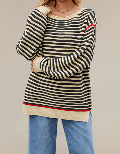 Autumn Winter Women Clothing Striped Knitted Top round Neck Pullover Loose Fitting Long Sleeves Sweater