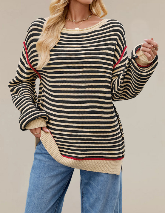 Autumn Winter Women Clothing Striped Knitted Top round Neck Pullover Loose Fitting Long Sleeves Sweater