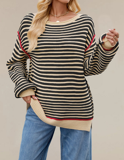 Autumn Winter Women Clothing Striped Knitted Top round Neck Pullover Loose Fitting Long Sleeves Sweater