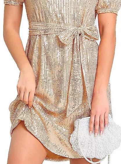 Women Short Sleeve V neck Sequ Mini Sequin Dress with Belt Shiny Cocktail Party Dress Elegant