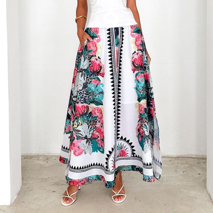 Women Summer High Waist Elastic Waist Loose Printed Long Skirt