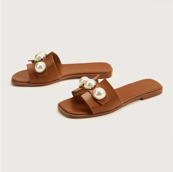 Pearl Flat Slippers Women Lightweight Low Heel Outerwear Beach Slippers Supply