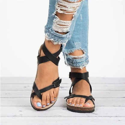 Summer plus Size Sandals Cork Sole Roman Toe Covering Belt Buckle Strip Winding Sandals Women