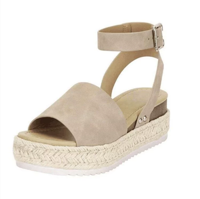 plus Size Summer Platform Heel Buckle Sandals Women Leopard Print Hemp Rope Woven Wedge