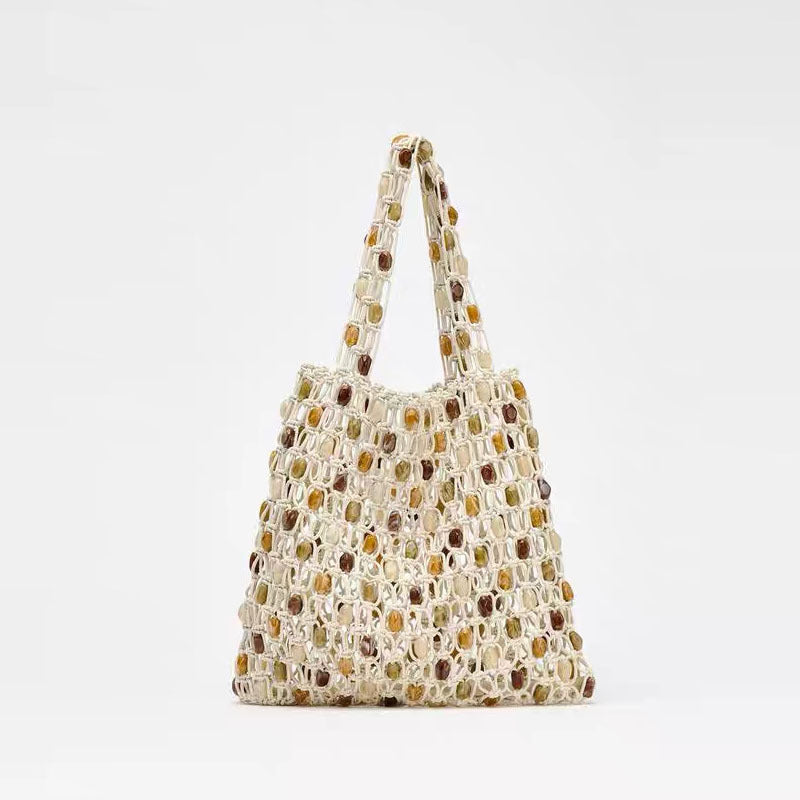 Summer Casual Beaded Bag Women Special Interest High Sense Woven Bag Plaid Hollow Out Cutout Wooden Bead Beach Bag - GLAMWEARS