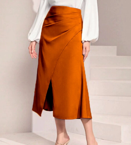 Women Clothing High Waist Satin Pleated Split Dress Solid Skirt Zipper Fishtail Hip Skirt