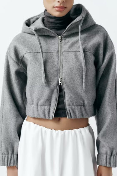 Women Clothing Spring Hooded Long Sleeve Zipper Fabric Short Sweater