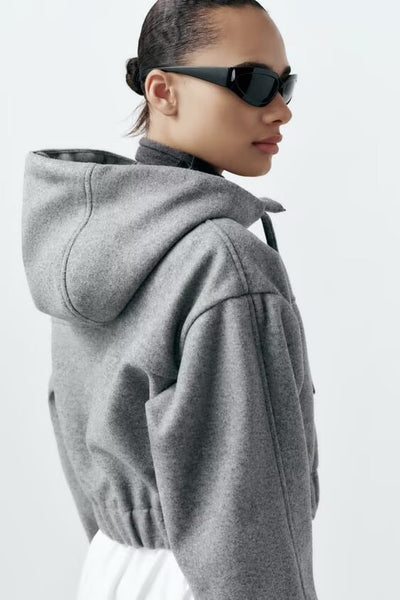 Women Clothing Spring Hooded Long Sleeve Zipper Fabric Short Sweater