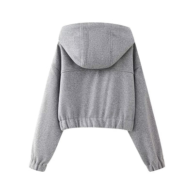 Women Clothing Spring Hooded Long Sleeve Zipper Fabric Short Sweater
