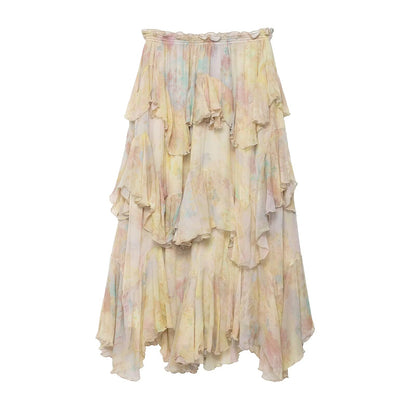 Women Square Collar Printed Laminated Decoration Skirt