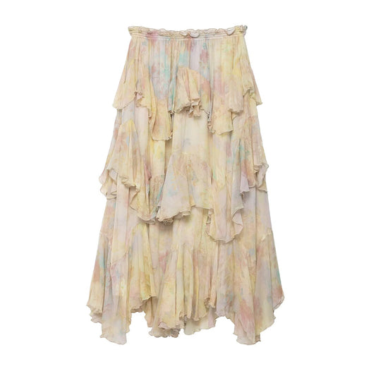 Women Square Collar Printed Laminated Decoration Skirt