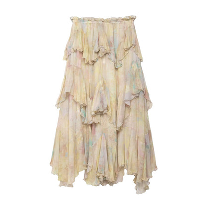 Women Square Collar Printed Laminated Decoration Skirt