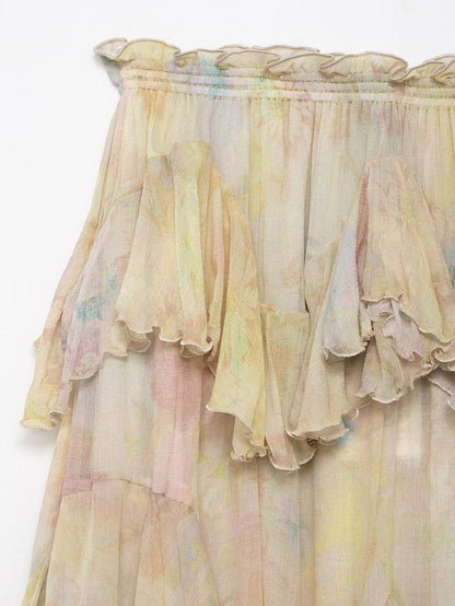 Women Square Collar Printed Laminated Decoration Skirt