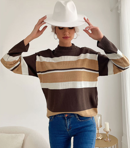 Women Wear Stitching Contrast Color Long Sleeves Mock Neck Sweater