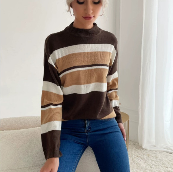 Women Wear Stitching Contrast Color Long Sleeves Mock Neck Sweater