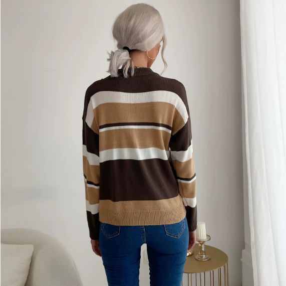 Women Wear Stitching Contrast Color Long Sleeves Mock Neck Sweater
