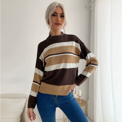Women Wear Stitching Contrast Color Long Sleeves Mock Neck Sweater