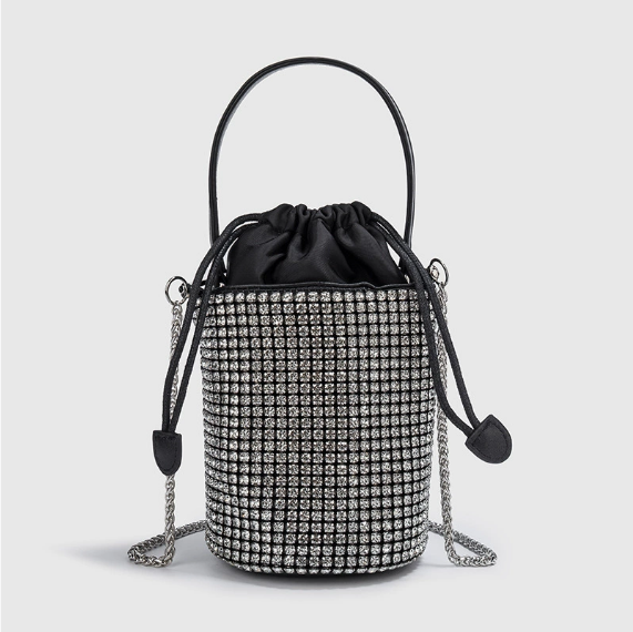 Summer Autumn Dinner Handbags Women Soft Diamond Drawstring Bucket Bag Chain Shoulder Crossbody - GLAMWEARS