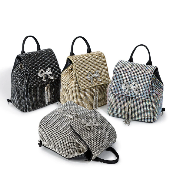Rhinestone Bag Women Simple Rhinestone Backpack Bow Tassel Rhinestone Dinner Bag - GLAMWEARS