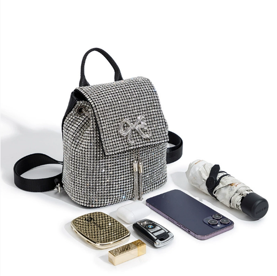 Rhinestone Bag Women Simple Rhinestone Backpack Bow Tassel Rhinestone Dinner Bag - GLAMWEARS