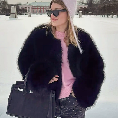 Faux Fur Coat Soft Fur Collar Wide Cuff Matching Sweater Jeans Design Autumn Winter Clothing