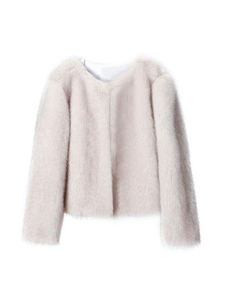 Faux Fur Coat Soft Fur Collar Wide Cuff Matching Sweater Jeans Design Autumn Winter Clothing