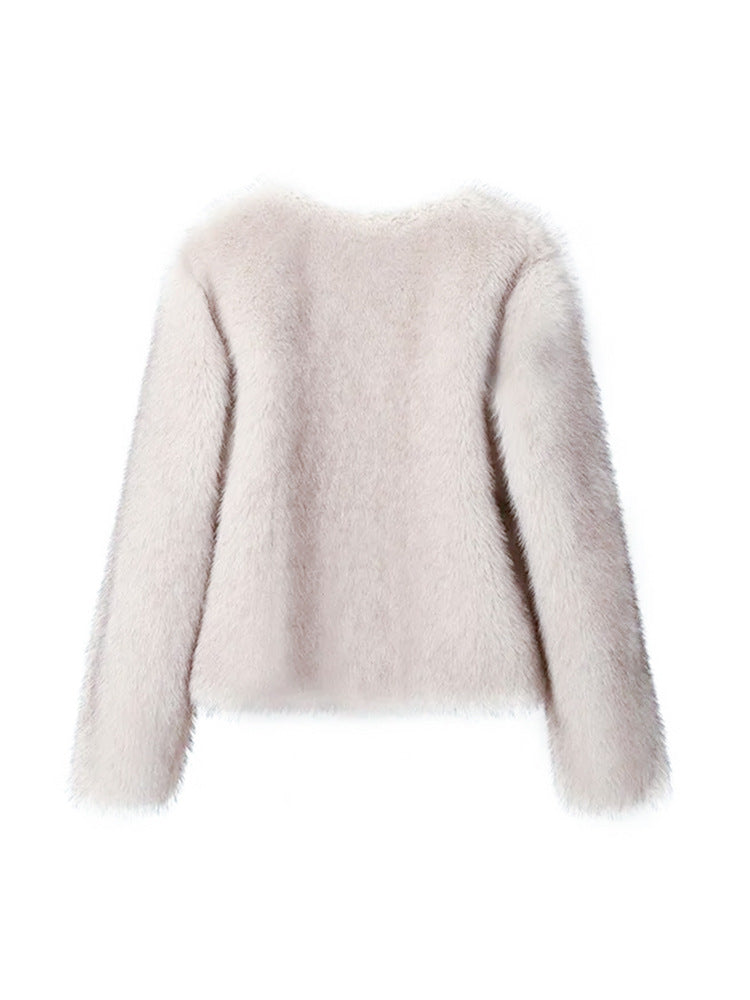 Faux Fur Coat Soft Fur Collar Wide Cuff Matching Sweater Jeans Design Autumn Winter Clothing