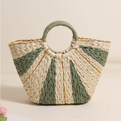 Pastoral Large Capacity Portable Straw-Weaved Bag Contrast Color Hand Carrying Straw Bag Woven Bag Vacation Beach Bag Vegetable Basket