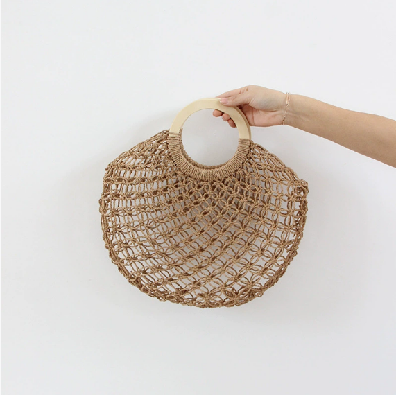Hollow Out Cutout Straw Bag Fairy Mesh Woven Bag round Wooden Handle Casual Hand Holding Women Bag Beach Bag