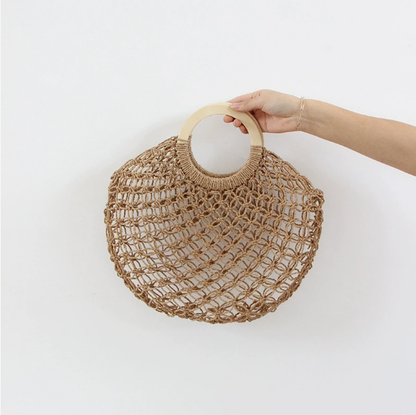 Hollow Out Cutout Straw Bag Fairy Mesh Woven Bag round Wooden Handle Casual Hand Holding Women Bag Beach Bag