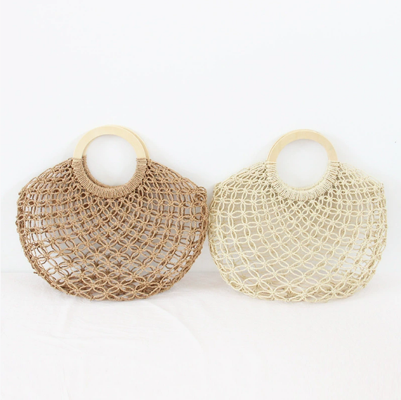 Hollow Out Cutout Straw Bag Fairy Mesh Woven Bag round Wooden Handle Casual Hand Holding Women Bag Beach Bag