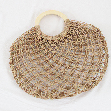 Hollow Out Cutout Straw Bag Fairy Mesh Woven Bag round Wooden Handle Casual Hand Holding Women Bag Beach Bag