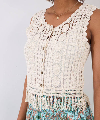 Women Fringed Openwork Crochet Outerwear Fitted V Neck Sleeveless Vest Top